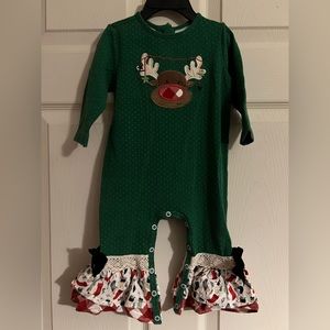 HTF Ricrac & Ruffles romper, Christmas, Rudolph, green, size 12 mo, Super cute